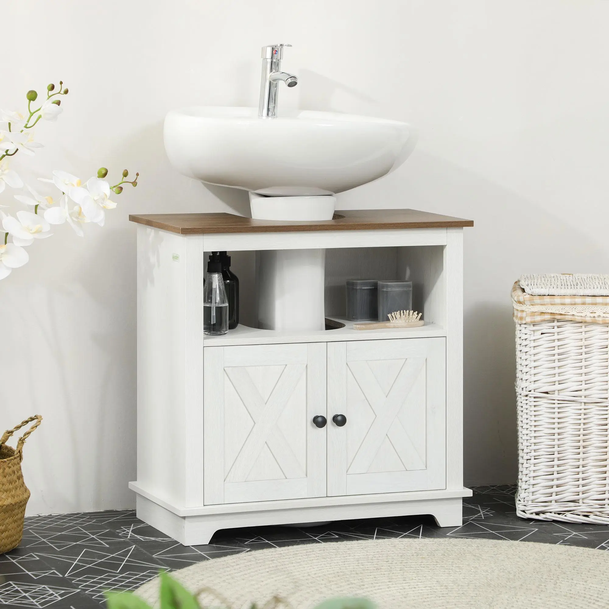 Modern Farmhouse Bathroom Sink Cabinet Pedestal with Double Doors Shelves White U-Shaped Design Space-Saving 23.5" W x 11.75" D x 23.5" H