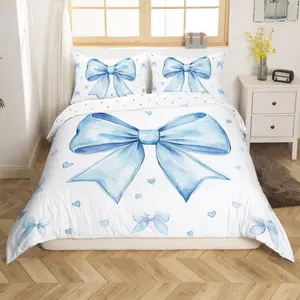 3pcs Blue Bow Pattern Decorative Duvet Cover Set, 1 Piece Duvet + 2 Pillowcases, Soft Polyester Fabric, Comfortable Bedding for Bedroom Dorm Guest Room