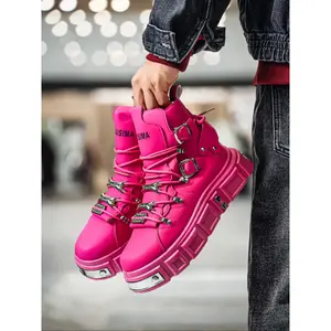 Men's Fashion Motorcycle Combat Boots, High Top Punk Shoes, Chunky Platform, Anti-Slip Rubber Breathable PU Leather, Fall Winter New Style, Suitable for Daily Wear