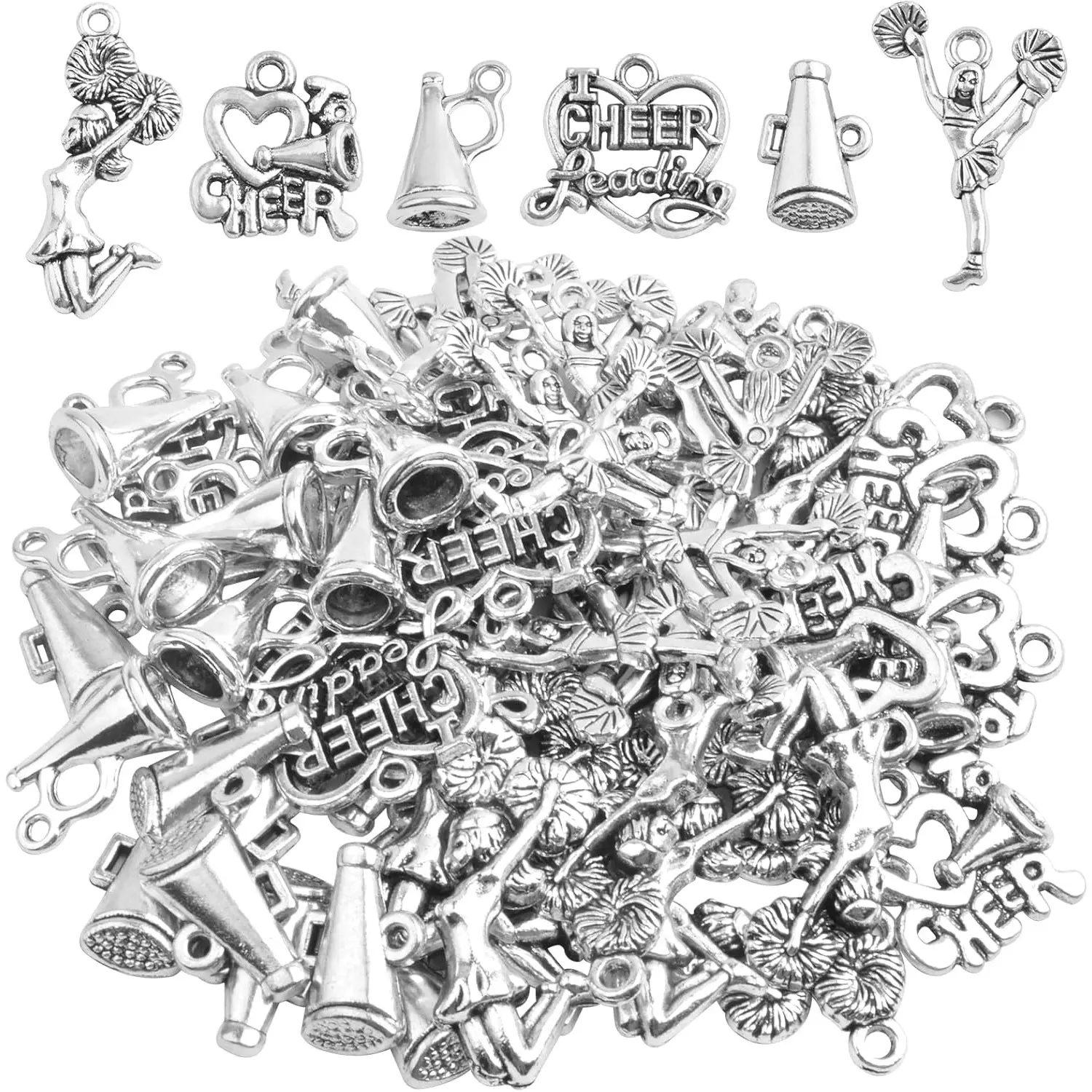 60pcs 6 Styles Antique Silver Cheerleading Theme Charms Tibetan Alloy Gymnastics School Sports Pendants Collection for DIY Necklace Bracelet Jewelry Making Supplies
