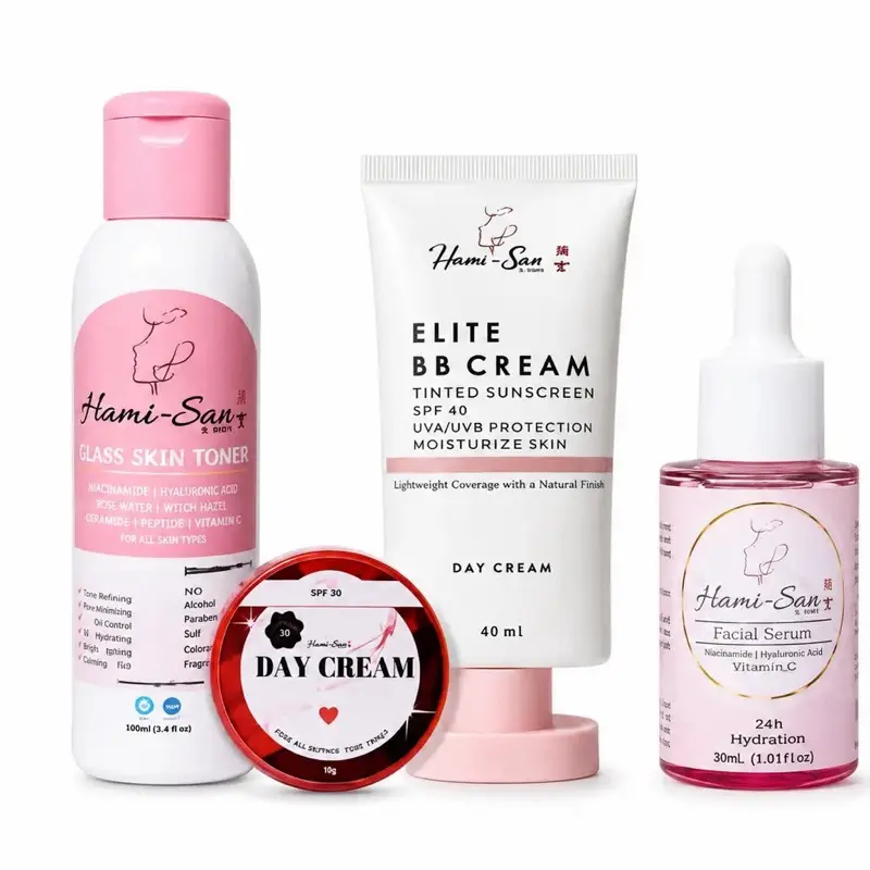 Hami-San Glass Skin Set 4-in-1 – Niacinamide Skin Care Routine with Glass Skin Toner, Elite BB Cream, Facial Serum & Day Cream