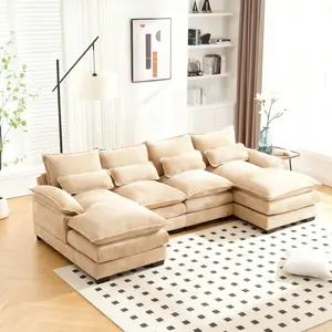 U-Shaped Sectional Sofa Cloud Couch for Living Room, Upholstery Comfy Modular Sofas with Pillows Ottoman, Chenille, High Quality Sponge Filling, Solid Wood Frame, Oversized 4-seater, Combination Sofa
