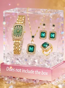 Elegant 5pcs Synthetic Emerald Jewelry Set for Women, Includes Watch Necklace Earrings Ring, Perfect Gift for Her on Valentine's Day or Birthdays
