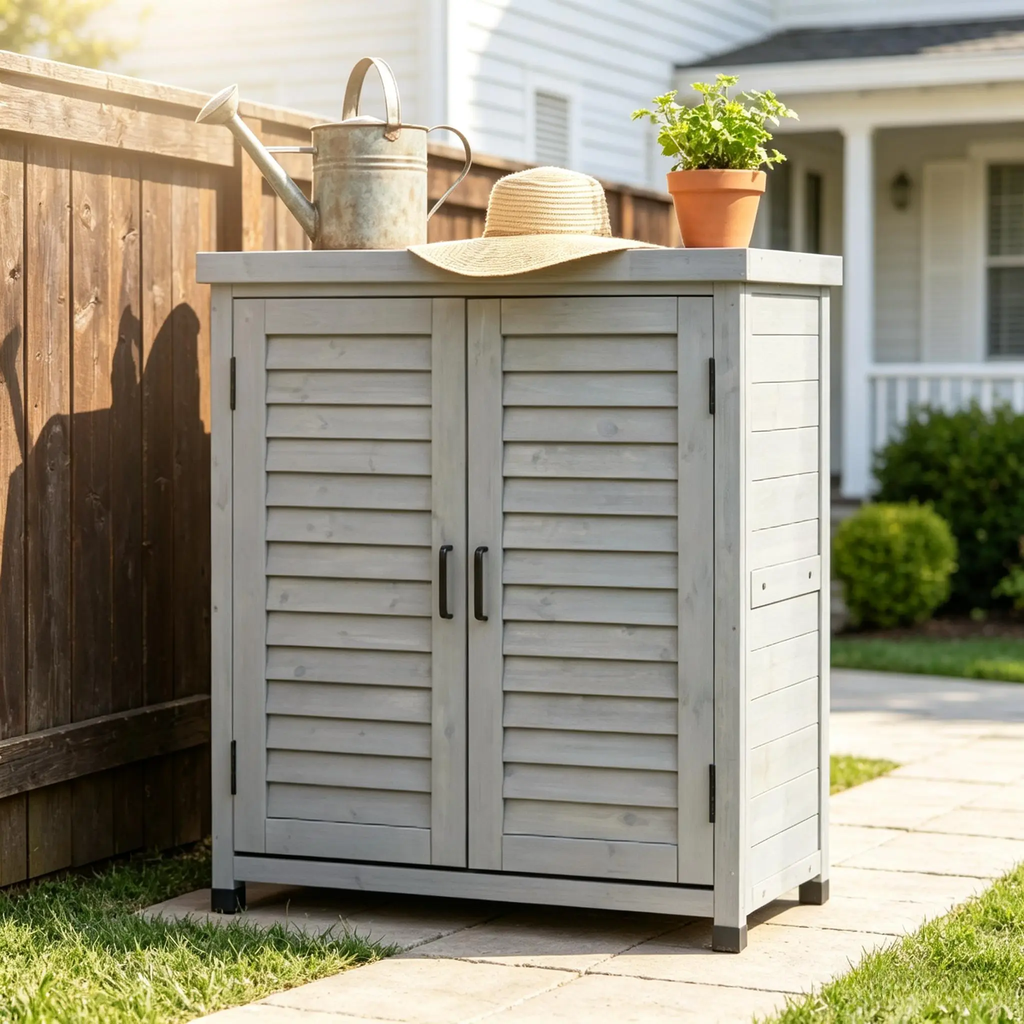 Outdoor Wooden Storage Cabinet, Weatherproof Garden Tool Shed with Louvered Double Doors, 2-Tier Shelf Outside Patio Organizer Cabinet, Gray & Brown