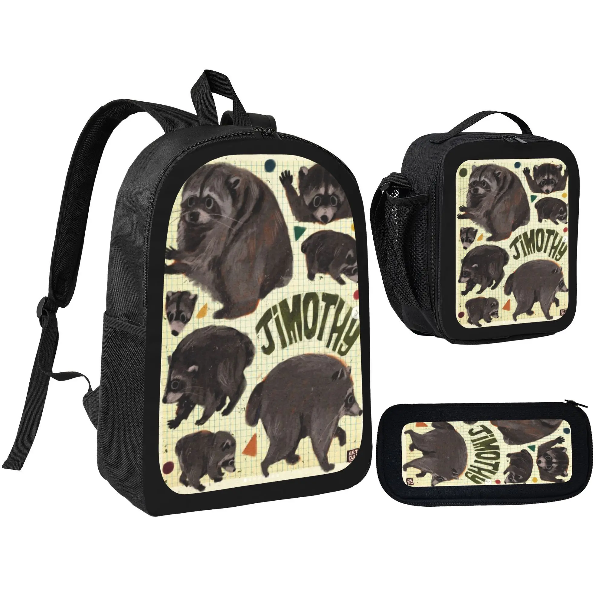 Jimothy the Raccoon Print 3-in-1 Unisex Teen Size School Backpack Set, Lightweight Gym Bag with Insulated Lunch Box & Pencil Case, Back to School Gift, 3-In-1 Pack