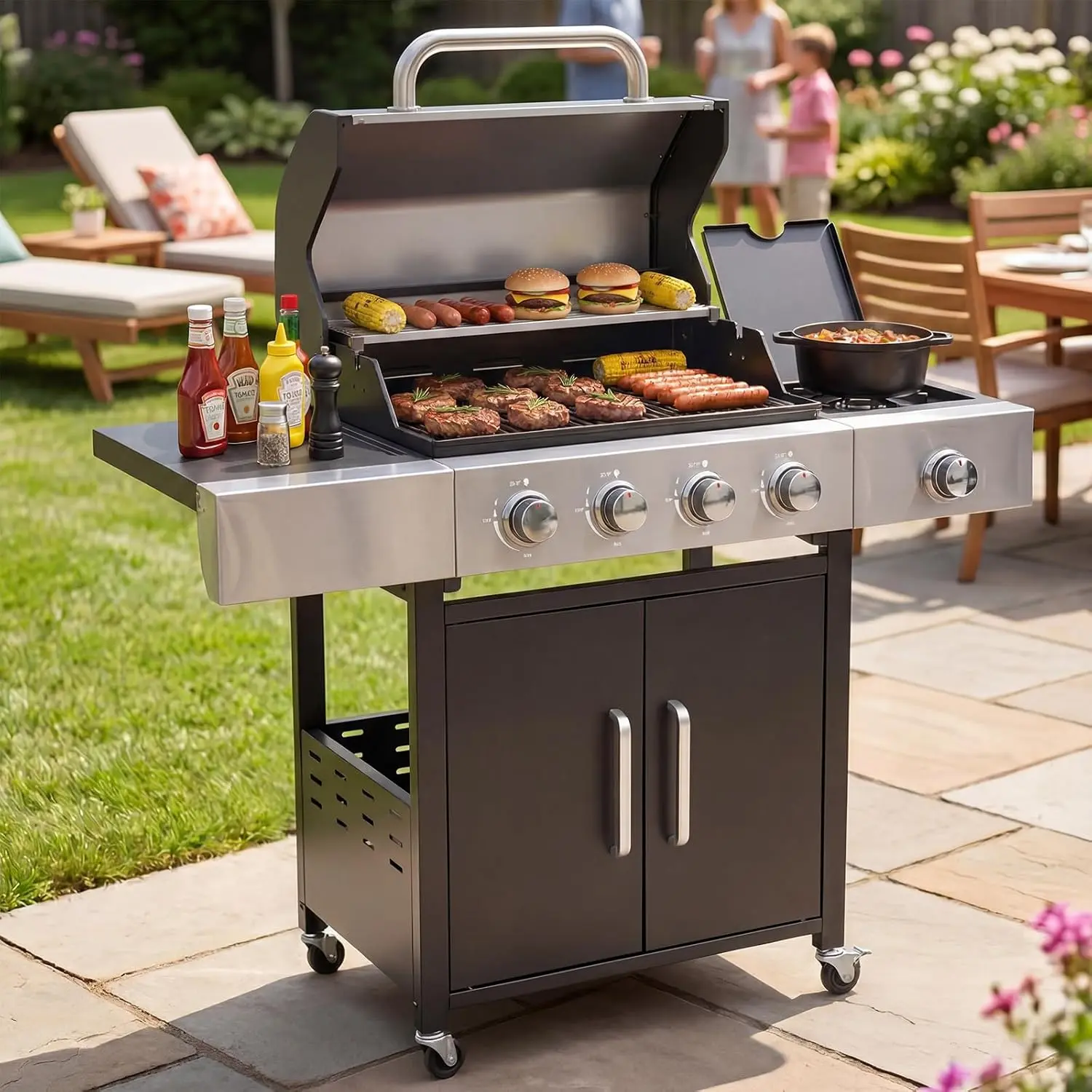Aoxun 4-Burner 49000 BTU Propane Grill with Side Burner, Black & Silvery | Stainless Steel Gas Grill, Heavy-Duty Cooking Grates & Side Tables for Backyard Patio Camping