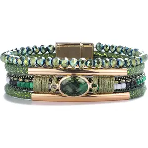 Leather Wrap Bracelet with Crystal Beads Adjustable Boho Cuff Bracelet with Magnetic Clasp Stone Charm Jewelry for Women, Crystal Beaded, Bracelets For Women