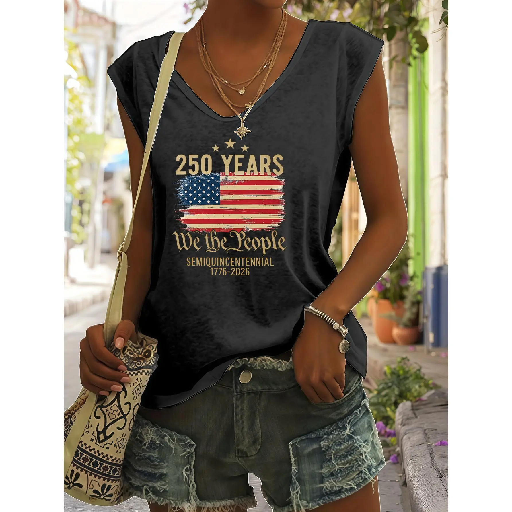 Women's Fashion American Flag Print V-Neck Sleeveless Tshirt - Soft Drape Loose Lightweight Cotton-Polyester Fabric - Versatile for Daily Home & Commute Wear with Elegant Lazy Chic Temperament, Beach, Streetwear, Fits, Day, Spandex, Fashion Apparel, Tank