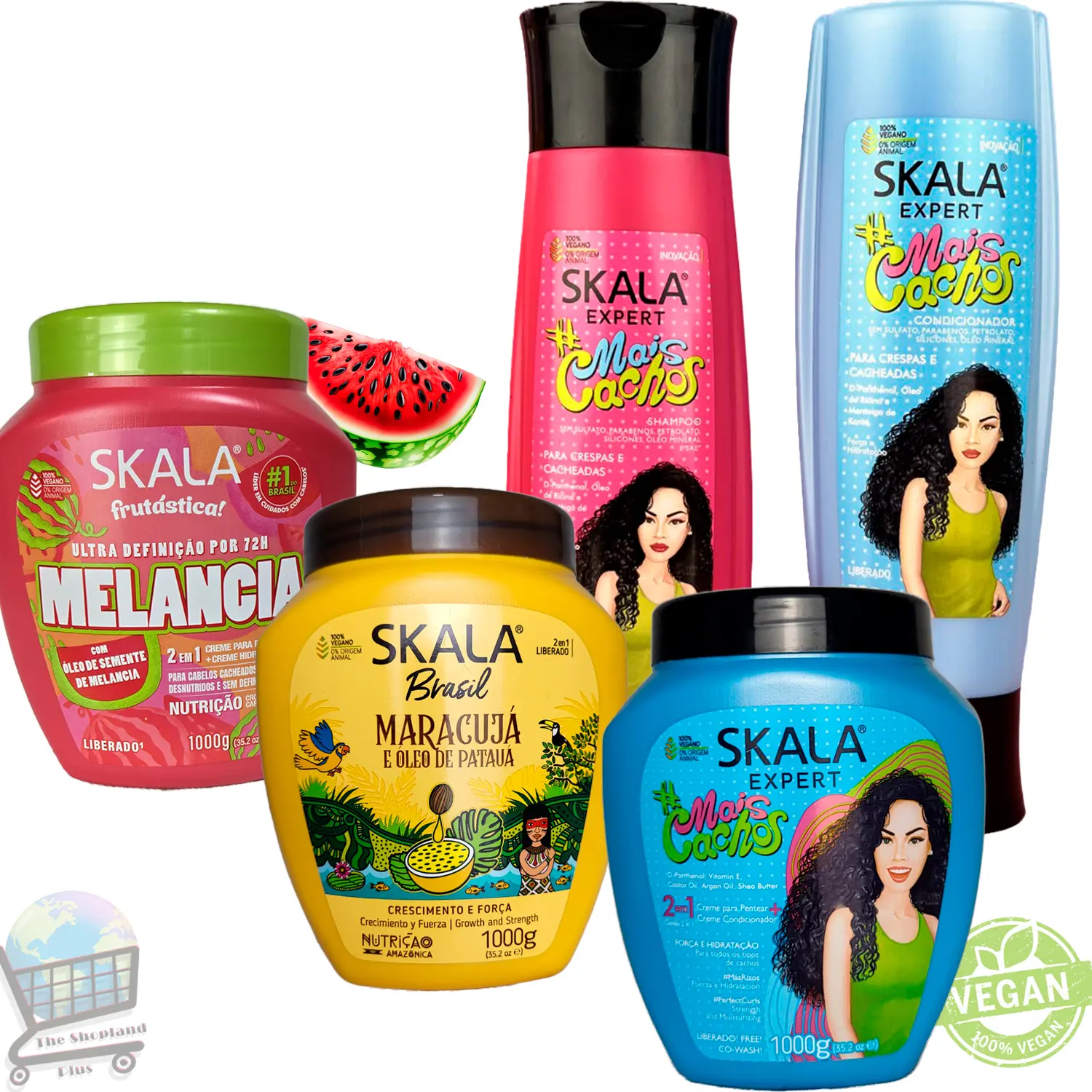 SKALA Expert Hair Care Set 5 pack : More curly ( Mais Cachos ) ,  Brasil Pasion Fruit Treatment Cream (Maracuya ), Watermelon Treatment Cream  (35.2 oz Each) + Shampoo & Acondicionador Mais Cachos  (325 ml. Each) Conditioner Haircare Oil Argan Foam Gentle