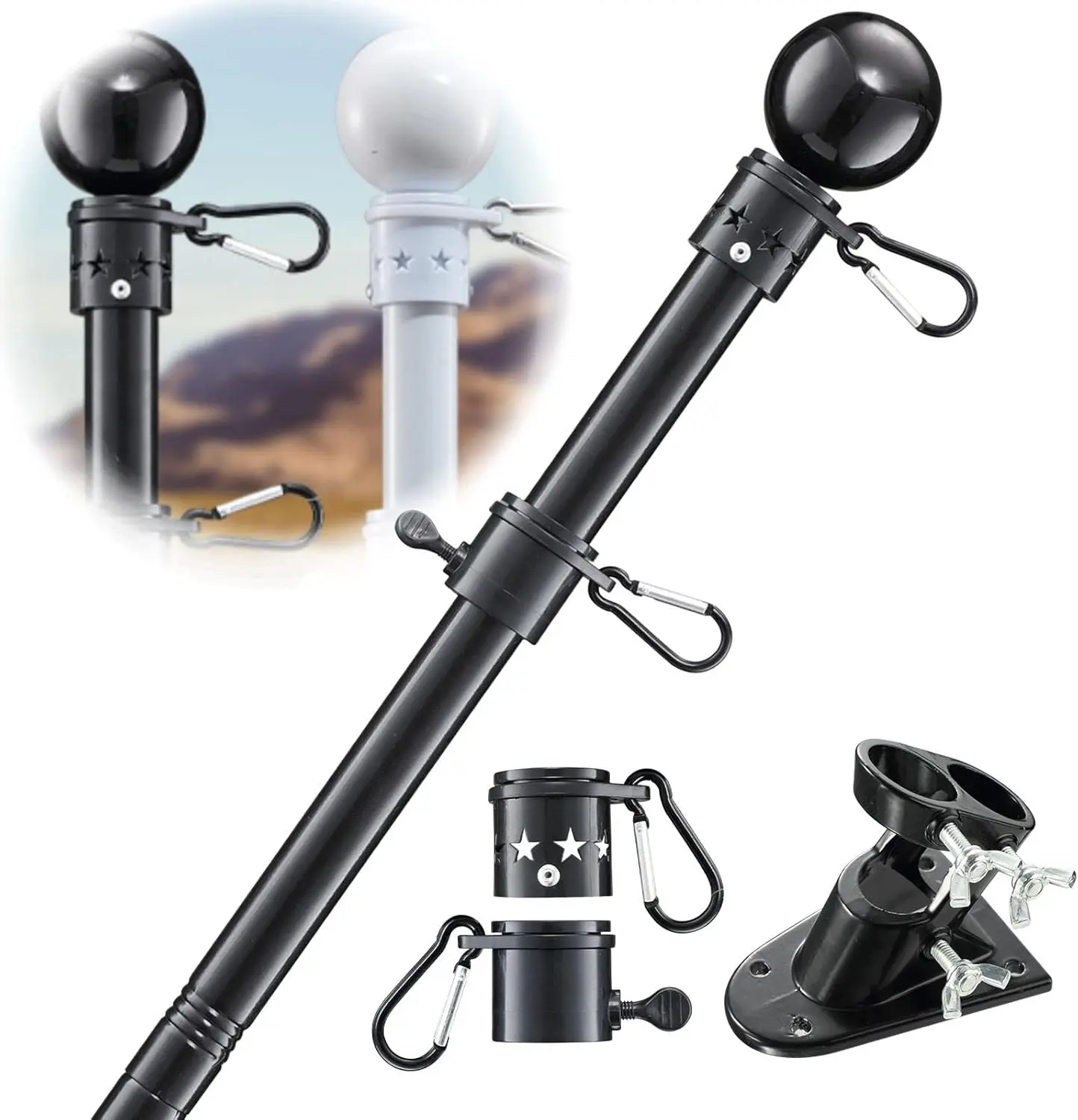 6FT Sturdy Adjustable Stainless Steel Heavy-Duty Pole Kit for Residential & Commercial Use, 2-Position Bracket, 360° Anti-Tangle Rings, Fits 2x3 3x5 4x6 Flags, Ideal for Posts & Balconies Outdoor Display (No Flag Included)
