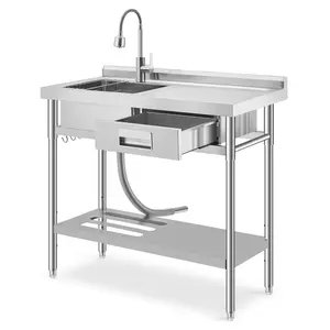 Freestanding Utility Kitchen Sink with Single Bowl, Commercial Stainless Steel Sink Set with Right Drawer and Workbench, Cold &Hot Water Pipe, Adjustable Shelf, for Laundry Farmhouse, 39.5x19.5x38.5"