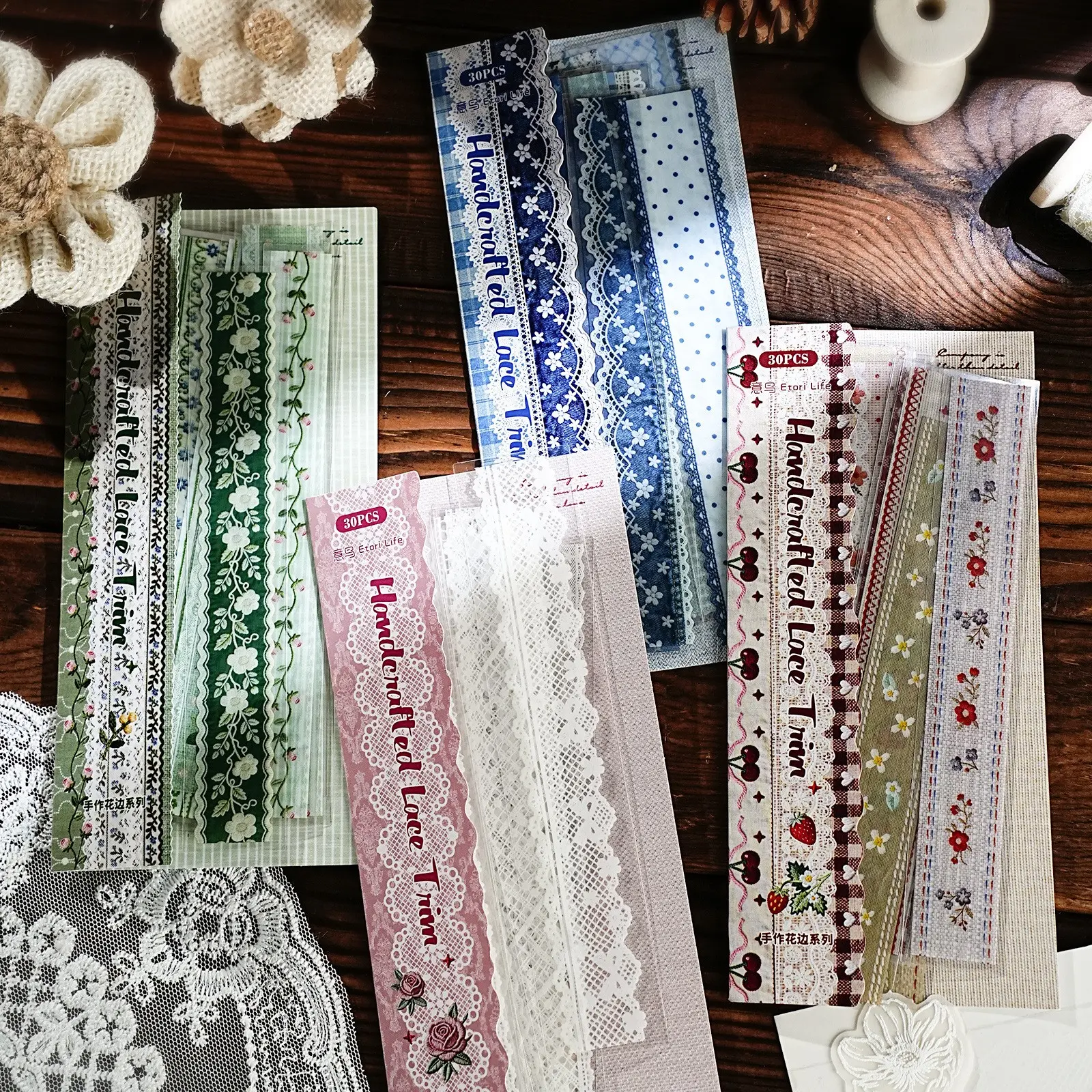 Vintage Lace Trim DIY Scrapbook Decoration Material Set, Handmade Flower Border for Journal Diary Calendar Album Decor, 4 Pack, Creative Craft Kit, Versatile Use, Scrapbooking, Scrapbook Materials, Crafting Kit