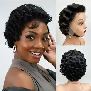 Short  Elf Curly Hair Straight Drop Lace Pixie Cut Women's Wigs 13x4 Front Lace  Elastic Rose Mesh  Human Hair  Layered Wig