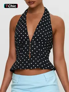 Women's Polka Dot Print Open Front Crop Tank Top, Casual Fitted Sleeveless Cropped Top for Summer, Women's Clothing for Daily Wear