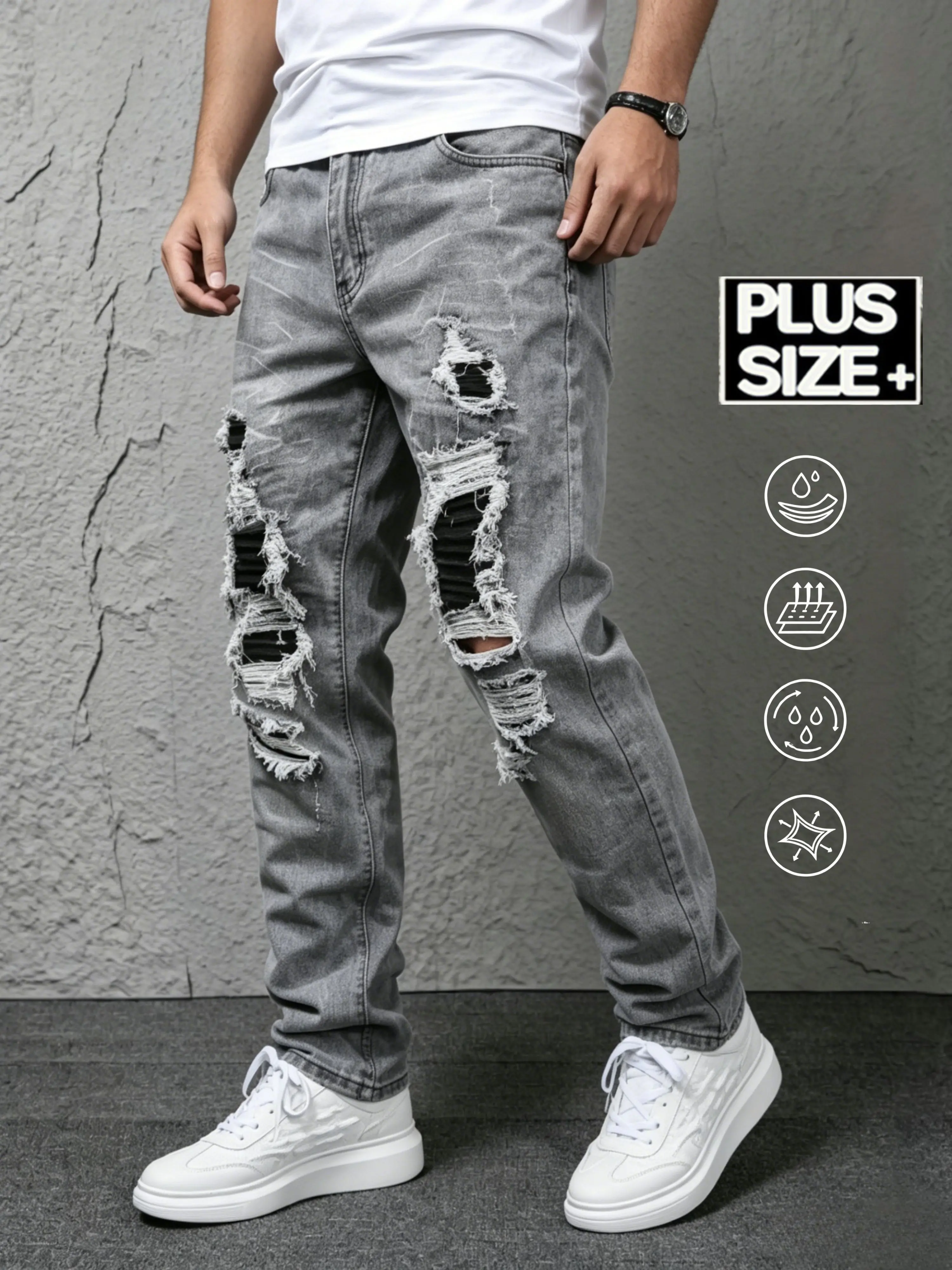 Plus Size American Vintage Washed Ripped Jeans Men’s Fashion Loose Straight Fit Pants