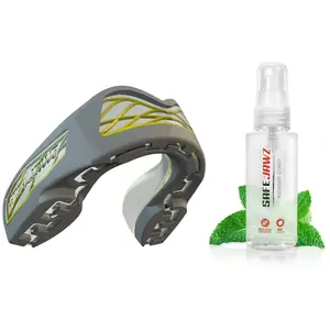 SafeJawz NITRO Triple Layer Shock Cage Sports Mouth Guard with Case and Disinfectant Spray Bundle Kit for Basketball, Football, MMA, Hockey, Wrestling - Gray