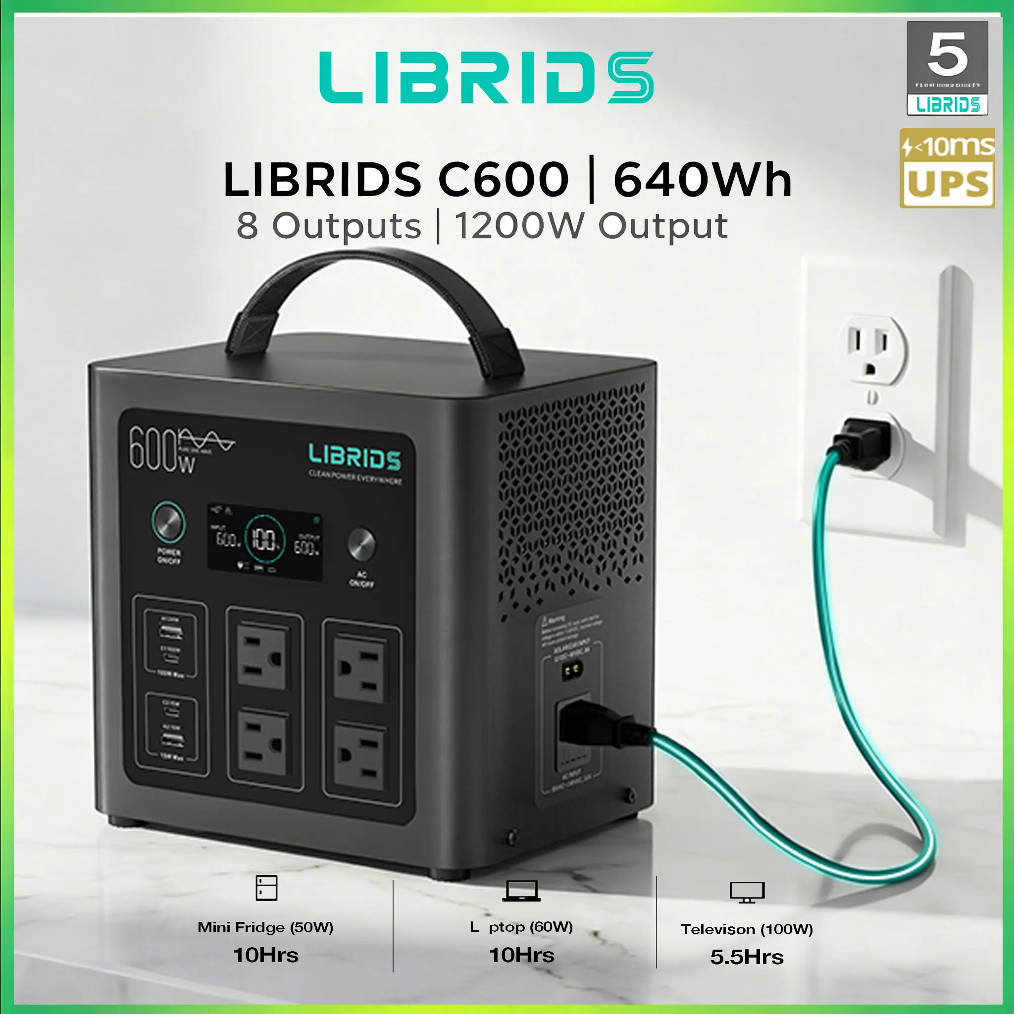 LIBRIDS Portable Power Station C600, 640Wh LiFePO4 Battery, 600W (Peak 1200W) Solar Generator, 1.5H Fast Charge, 10ms UPS, 8 Ports(4 AC) for Camping, Home Backup & Outages