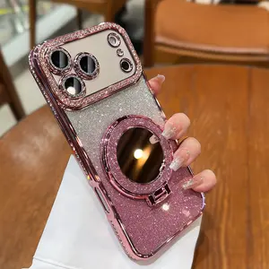 Glitter Rhinestone Phone Case with Mirror Holder a Fashionable Phone Protective Cover Phone Accessories for iPhone17  16 15 14 13 12 Pro Max  with a lens protective film and has a luxurious full-rhinestone edging   iphone 16 pro max case lens protector