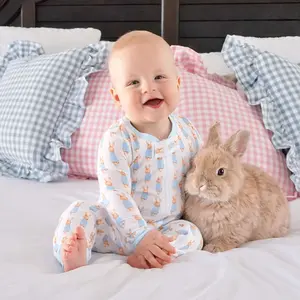 Gingham Storybook Bunnies Blue Zip Sleeper - Cute Unisex Easter Pajamas for Babies