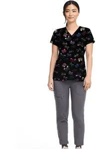 MC Prints Women's V-Neck Print Scrub Top - Missy Fit with All-Over Print, 2 Front Pockets, Contrast Back Neck Band, Side Vents for Comfort