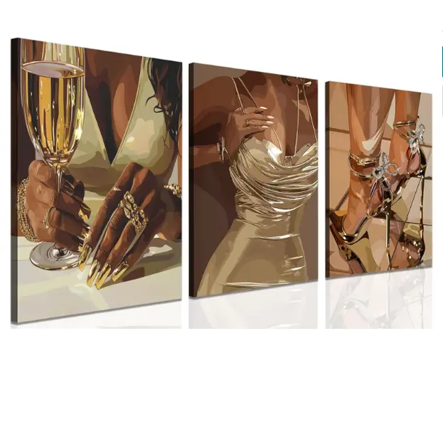 Trendy Black Girl Wall Art Set of 3, Fashion Black Women Bar Wall Decor Paintings Funky African American Woman Poster Canvas Print Pictures for Living Room Bedroom