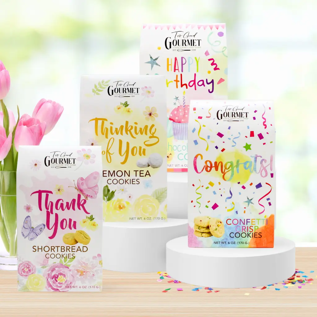 Too Good Gourmet 4-Pack Variety Cookie Gift Box - Thank You Shortbread, Thinking of You Lemon Tea, Congrats Confetti Crisp, Happy Birthday Chocolate Chip Cookies, Sweet Occasion Treat Sampler