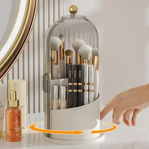 360 Rotating Makeup Brush Organizer with Lid Clear Dustproof Cosmetic Storage Holder for Vanity Bathroom Desktop