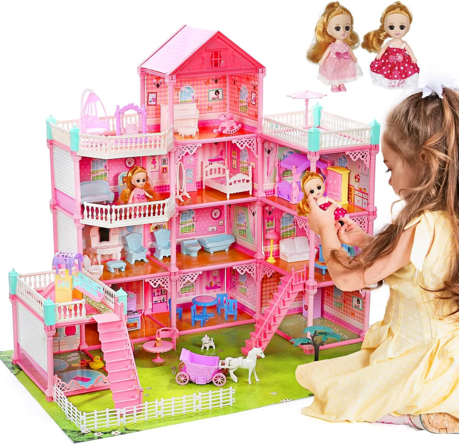 11-Room Dollhouse for Girls, Large Pretend Playhouse Doll Playsets, Assembly-Required Play House Set, Ideal Spring Gift (Lights Not Included)