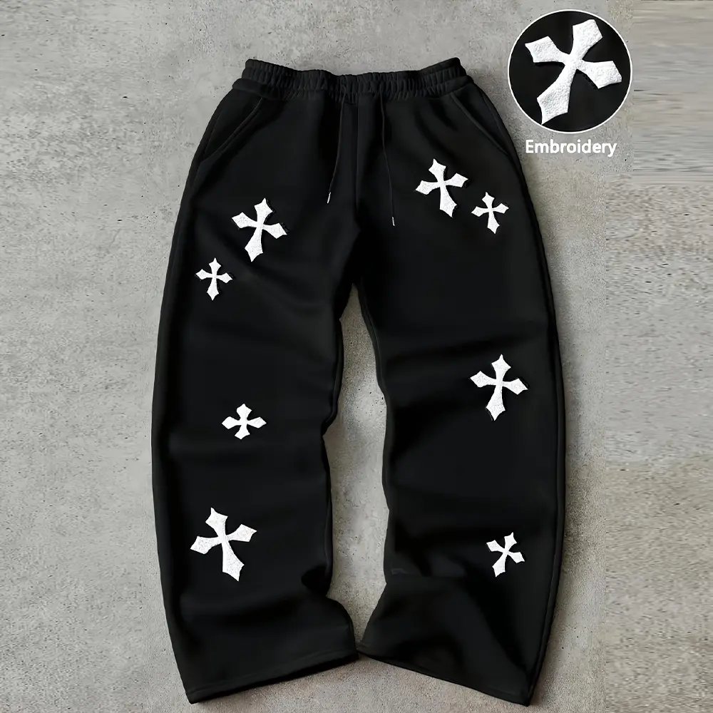 Men’s stretchy casual pants with cross embroidery, black loose straight-leg drawstring sports long pants, European and American street-style trend pants, selected for everyday wear