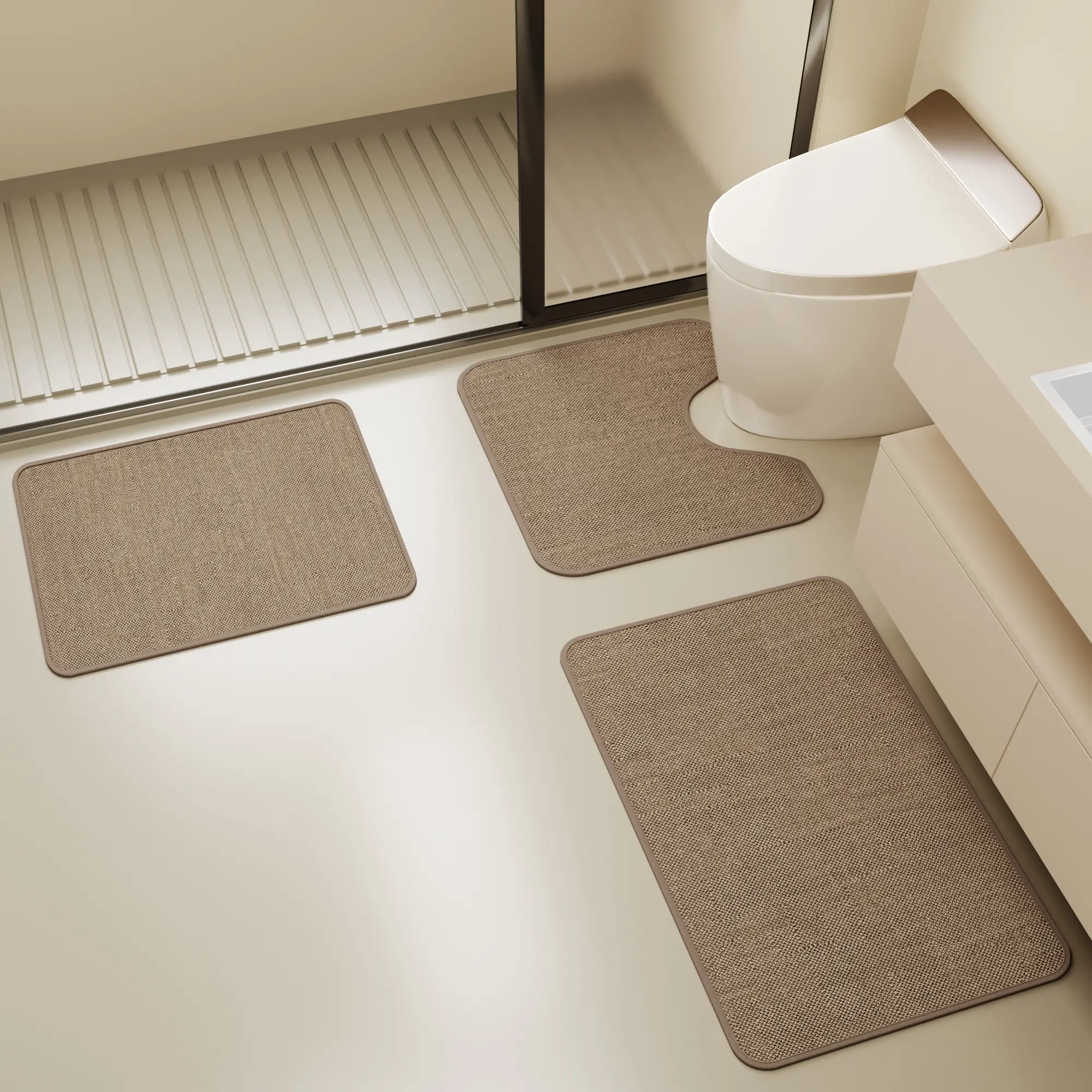3-Piece Set, Linen-Texture Bathroom Mat, 0.3 in Thickness,Absorbent Quick-Dry Foot Mat, Rubber Anti-Slip Bottom, Home Decor, Premium Faux Linen Door Mat, Suitable For Kitchen, Bathroom, Sink, Toilet Mat, Bedroom, Living Room, Guesthouse, Hotel, Etc. outdo