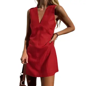 CHARTOU Women's Summer Deep V-Sleeveless Dress Cotton Hemp Tight A-line Slim Solid Color Short Skirt