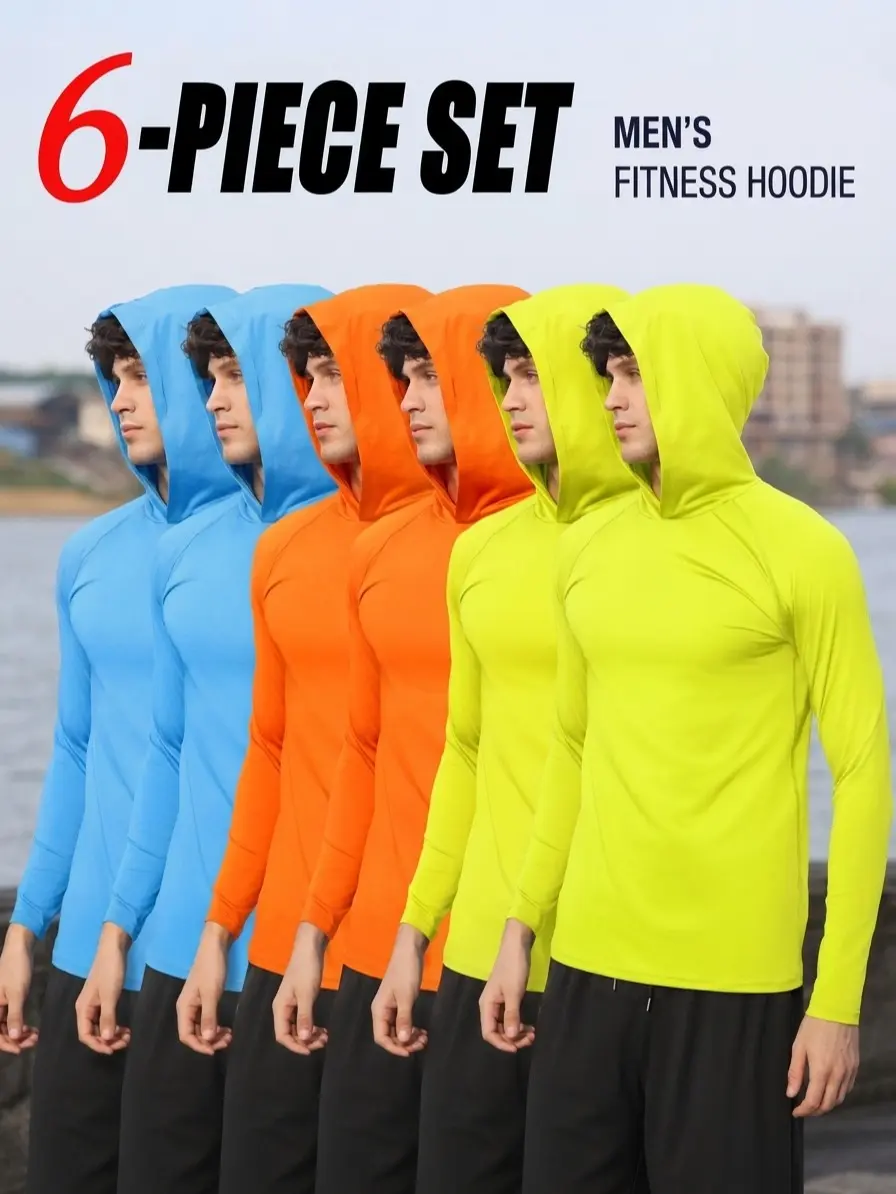 Men's 6-Pack Simple Classic Mixed-Color Hoodies & Sweatshirts, Long-Sleeve Breathable Lightweight Polyester Mesh Pullovers, Casual Everyday Long-Arm Men's Tops, Outdoor Streetwear, S-3XL Menswear