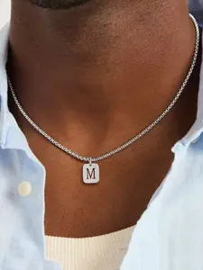 Silver Color Rectangular Initial Pendant Necklace for Men, Casual Stainless Steel Chain, Fashionable, Elegant and Simple Design, All Seasons Wear