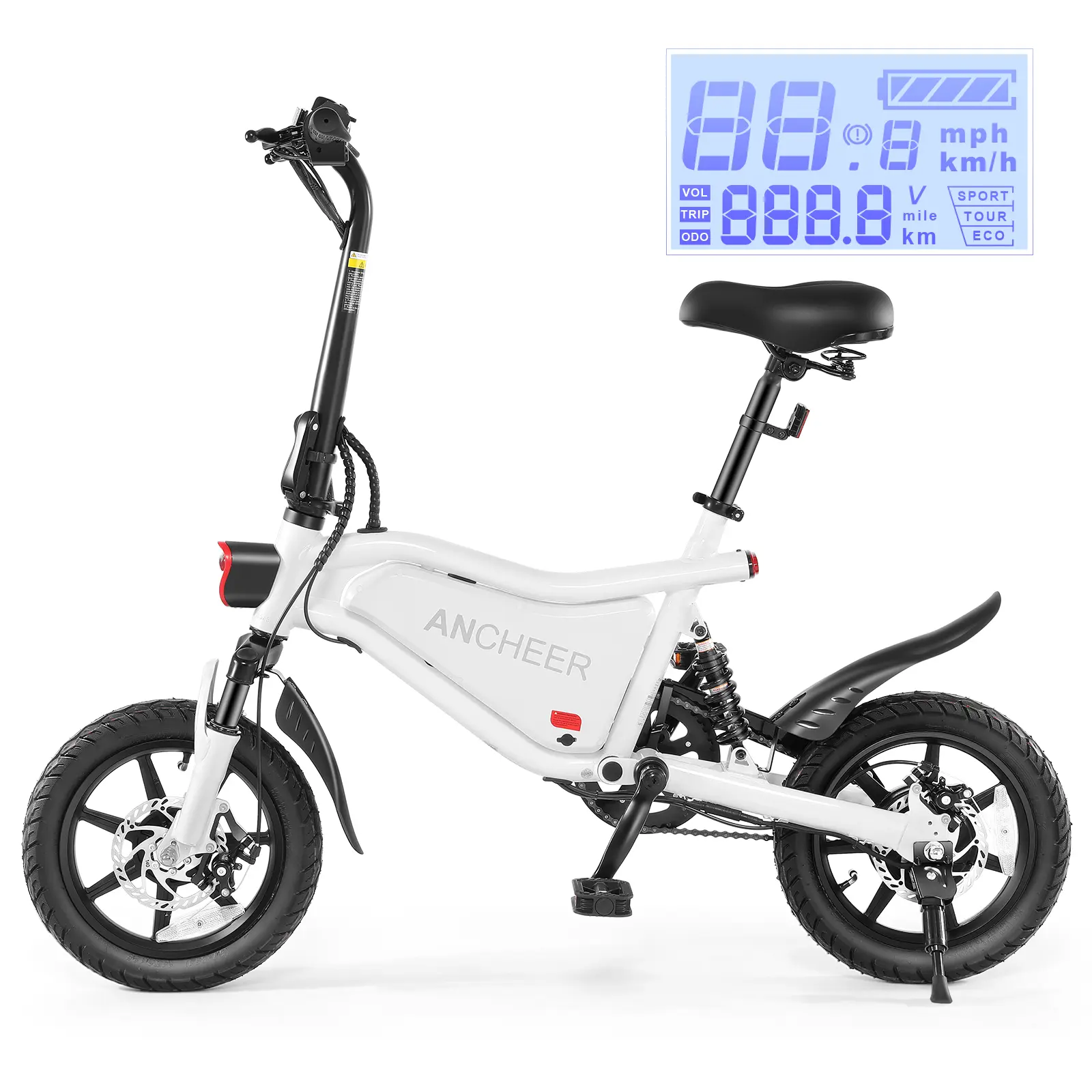 14" Ancheer Foldable Electric Bicycle for Adults, 500W Peak Motor, 48V 7.8Ah Battery, 19.8MPH Speed, 45Miles Range, Cruise Control, LCD Display, Triple Shock Absorption, Headlight & Brake Trail Lights