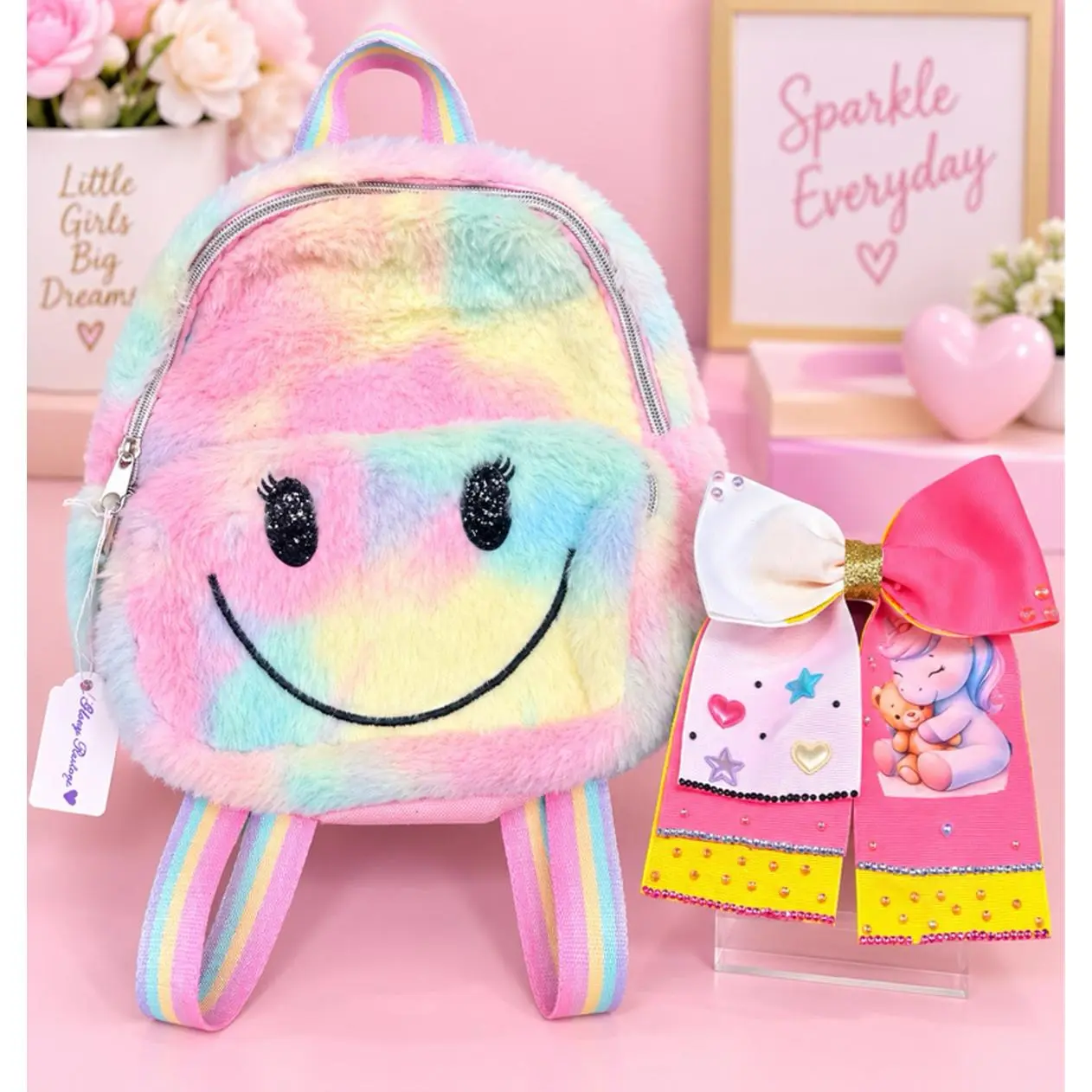 Sparkle Everyday Rainbow Smiley Face Backpack with Bow and Heart Decorations for Girls