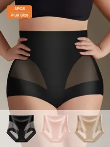 QUASTI 3 Pack Plus Size High Waist Seamless Sexy Translucent Design Women's Briefs, Ice Silk Basic Breathable Soft Fabric, Tummy Control Hip Lifting Panties, Silky Elegant Fashion Fit Women's Womenswear Briefs, Gift For Girls