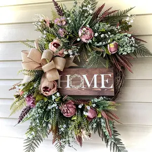 Neutral Color Farmhouse Style Wreath with Peony Flowers, Home Signboard, Hemp Cloth Bow, All-Season Decor, Mixed Floral Wreath for Porch, Living Room, Entryway