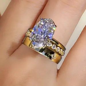 3-Piece Shiny Flower golden Oval Cubic Zirconia Women's Engagement Rings Set - Couple Rings for Bride's Promise & Wedding Party - Christmas/Valentine's/Mother's Day Gifts