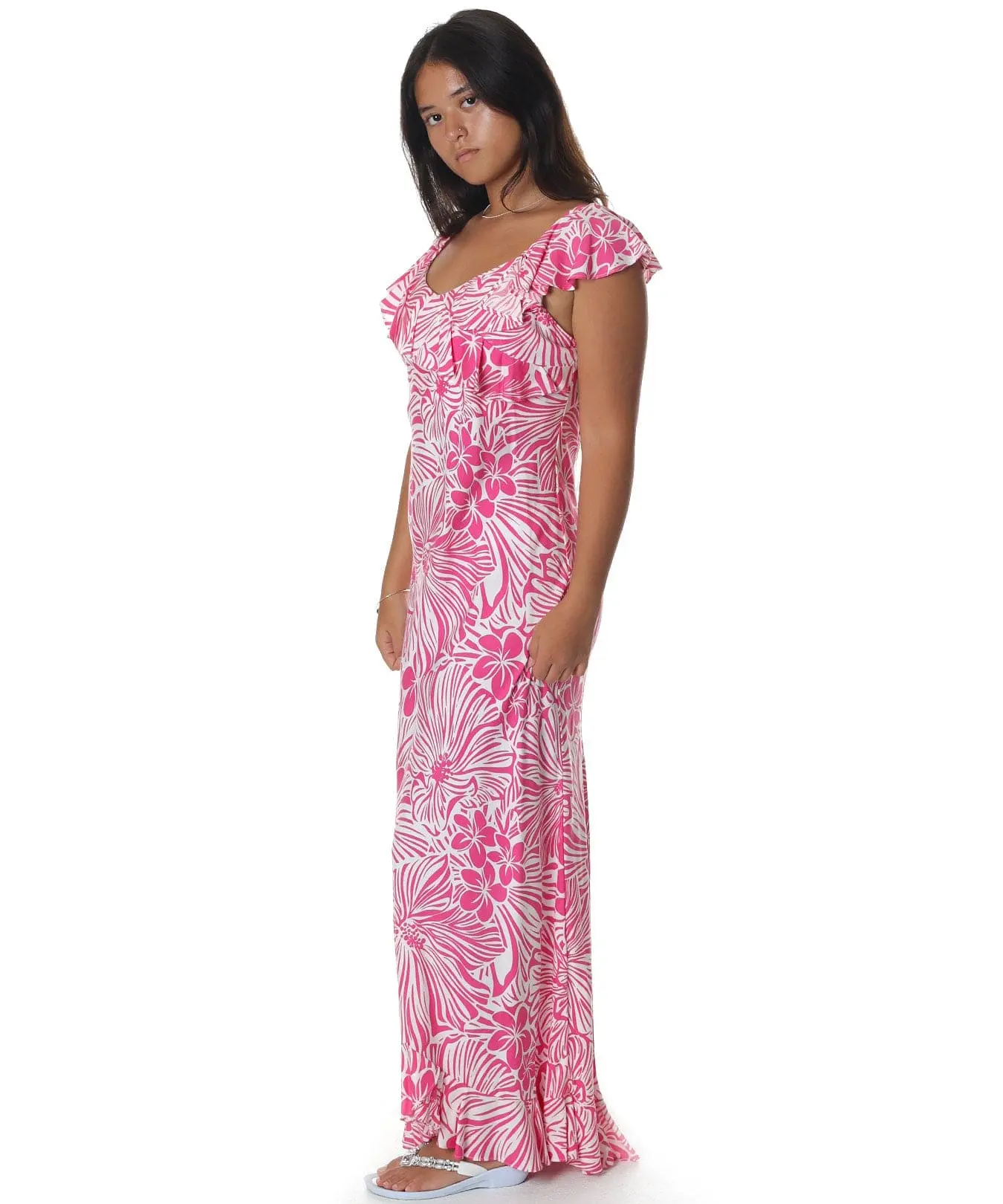 Pink Floral Long Ruffled Muumuu Dress