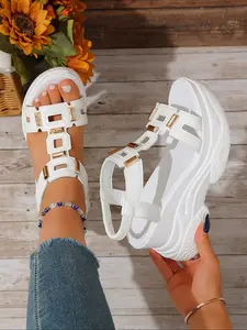 Women's Summer Sandals, Fashionable Sandals, Fashion Wedge Heel Waterproof Thick Sole, PU Leather Fish Mouth Design, Casual Beach Slippers, Wholesale Large Sizes, Elevated Sandals