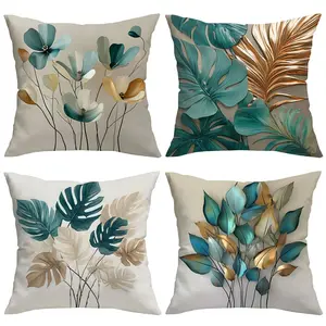 Tropical Plant Leaf Pattern Decorative Pillow Covers, 4 Piece Set with Invisible Zipper, Easy to Clean, for Bedroom Living Room Sofa Car Home Decoration