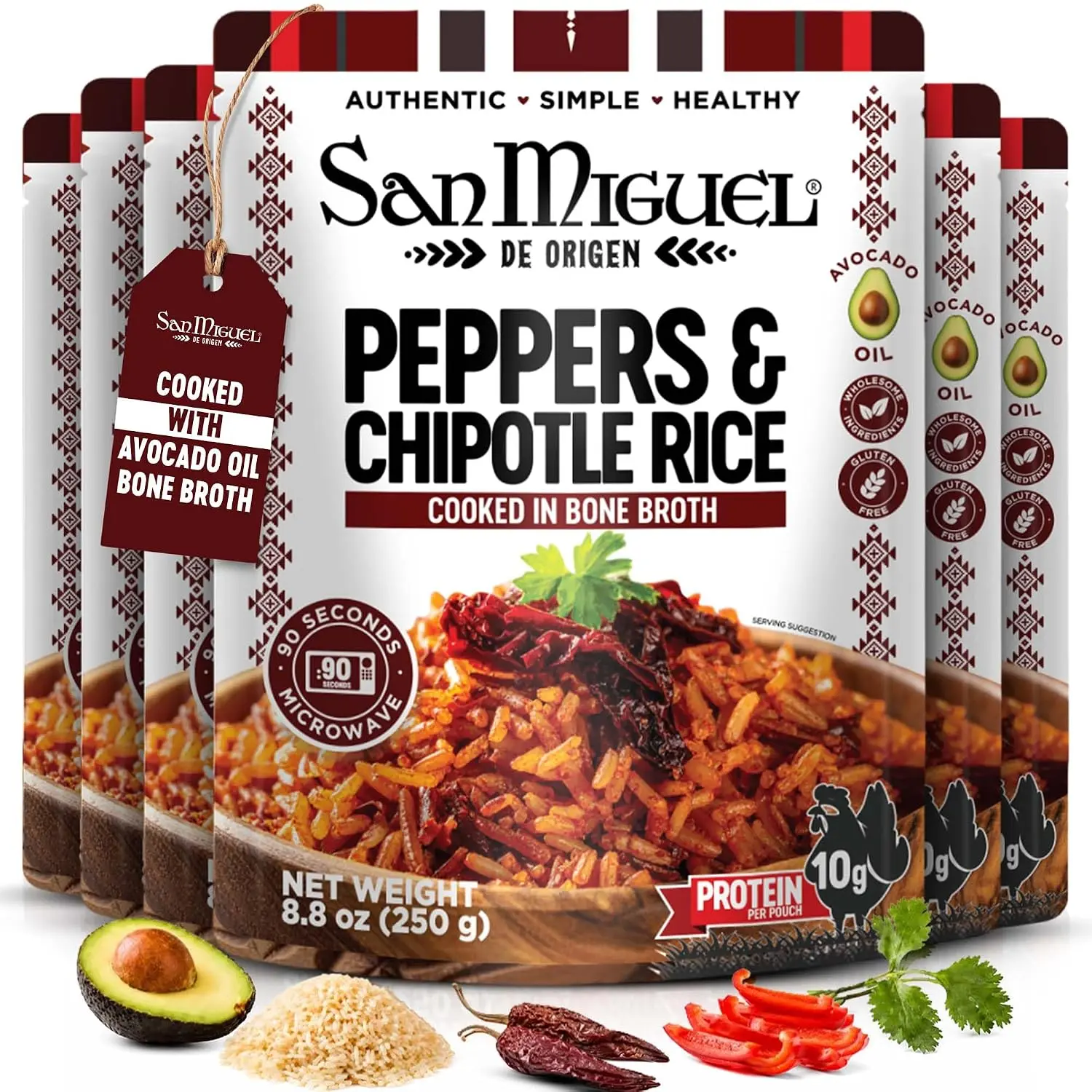 San Miguel Microwave 10g Protein Mexican Peppers and Chipotle Rice Pouches, Cooked in Bone Broth & Avocado Oil - Ready to Eat Microwave Rice - Gluten Free Mexican Rice Pouch - Easy Meal - (6-Pack) 8.8oz