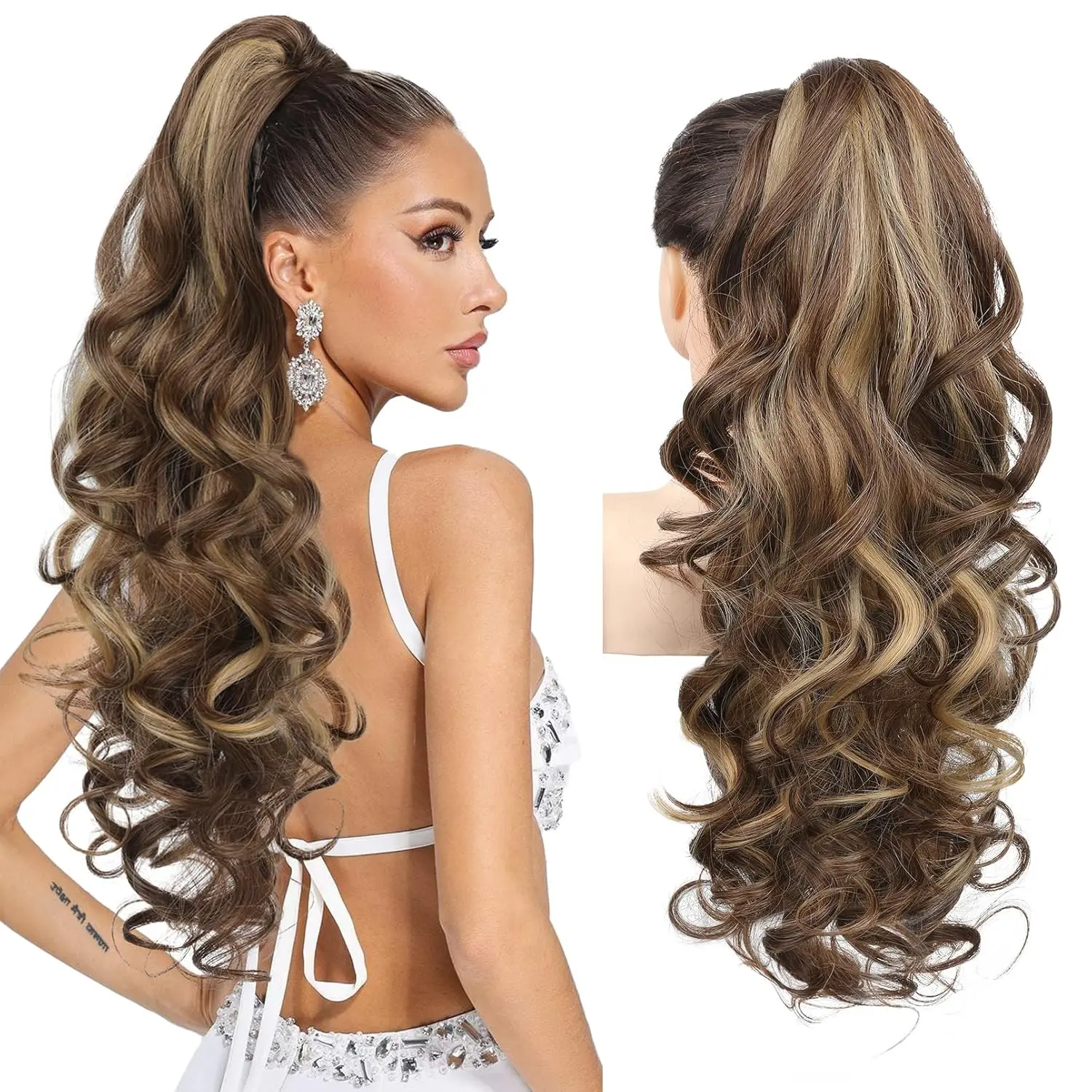 WIG QUEEN 24" Natural Wavy Curly Synthetic Ponytail Hair Extension - Soft Fluffy Clip-on Hairpiece with Jaw Clip for Women's Daily/Party Use (24 in Extensions)