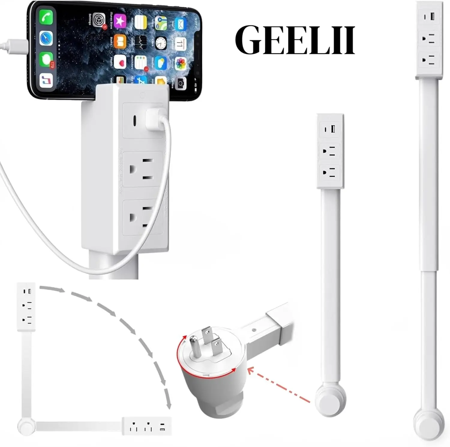Surge Protector Outlet Extender, 22-34" Extendable Stick with Fire-Resistant Casing, Rotates 180° for Behind Furniture, Hassle-Free Setup with 2 AC Outlets, USB-C & USB-A Ports, ETL Listed, 5V/2.4A Smart Output, 180-Degree Rotatable