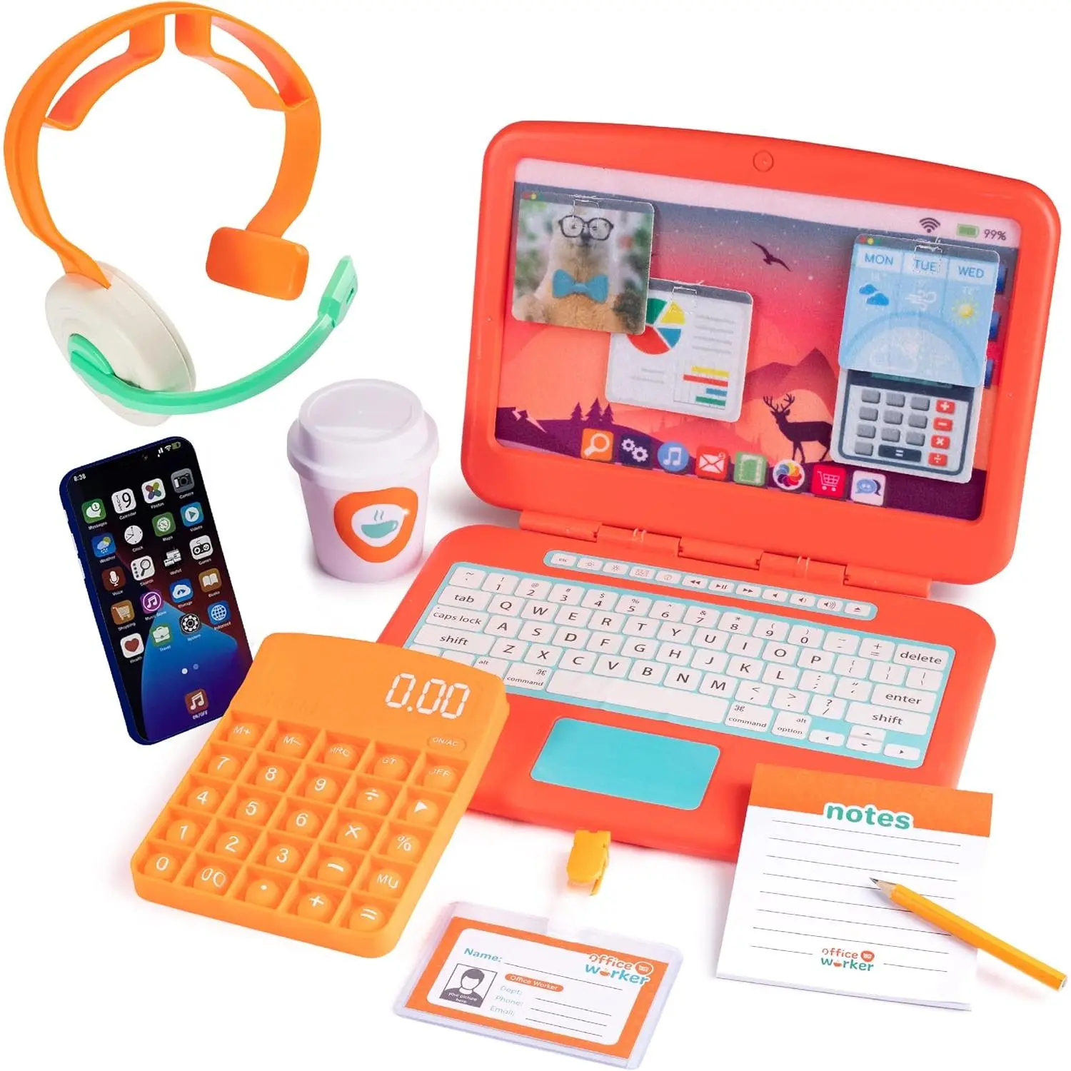 Pretend Play Office Set for Ages 37  Includes Toy Laptop, Phone, Calculator, Pop It  Headset