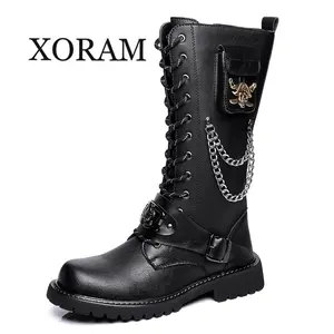 Punk-style pirate decorative boots, men's fashionable versatile high-top motorcycle boots, non-slip wear-resistant thick-soled work boots, casual motorcycle work boots 666-1 Black Closed Boy Walking Shoes Footwear