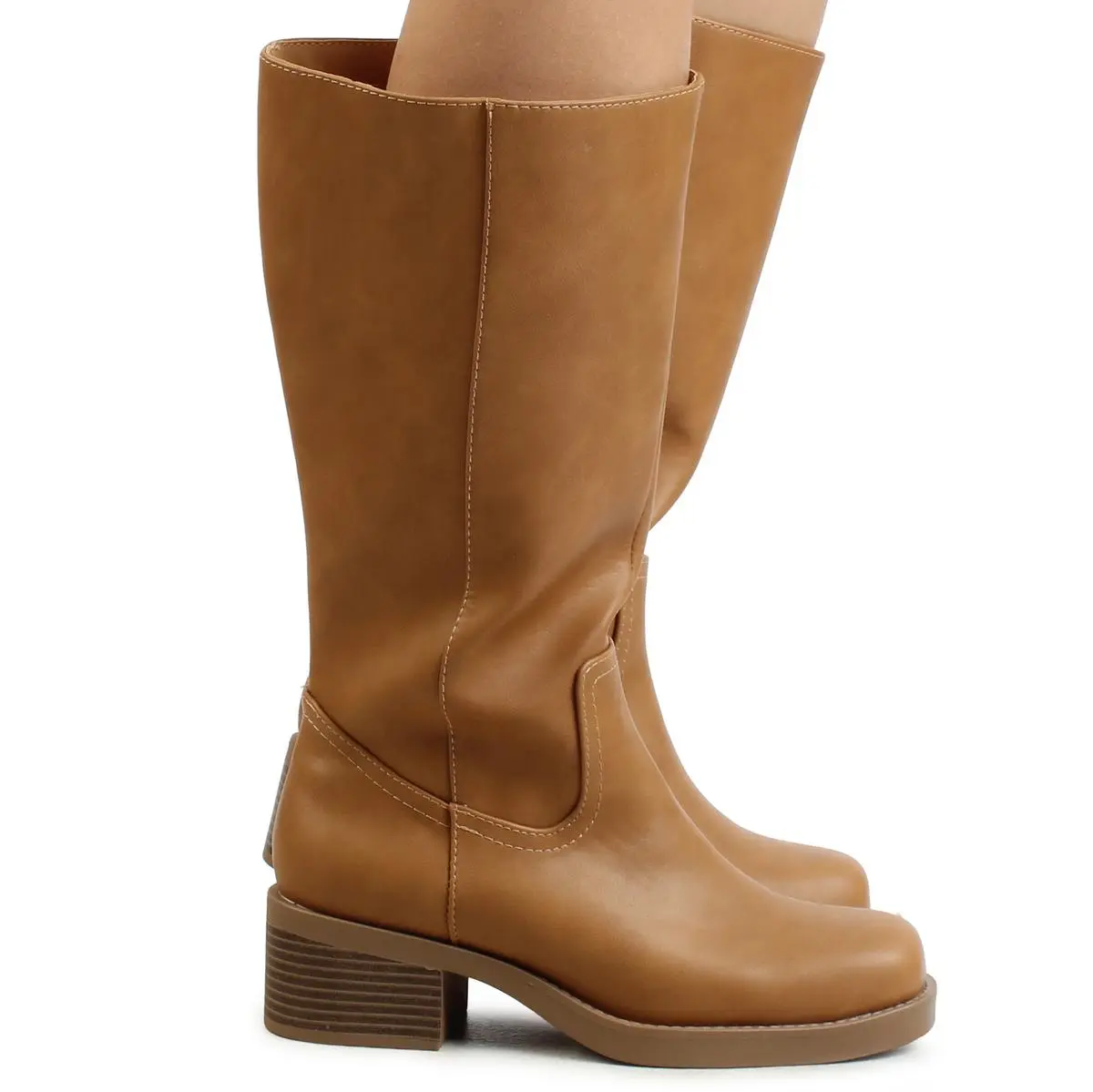 Women's Belvin Riding Boots - Pull-On, Natural, Solid, Round Toe, Comfortable Block Heel, Classic, Mid-Calf Fashion Boots with Sturdy Support