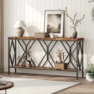 MAHANCRIS 70.9'' 2-Tier Extra Long Console Table with Storage Shelf, Industrial Sofa Table Behind Couch, for Entryway, Hallway, Living Room, Rustic Brown #SummerVibes