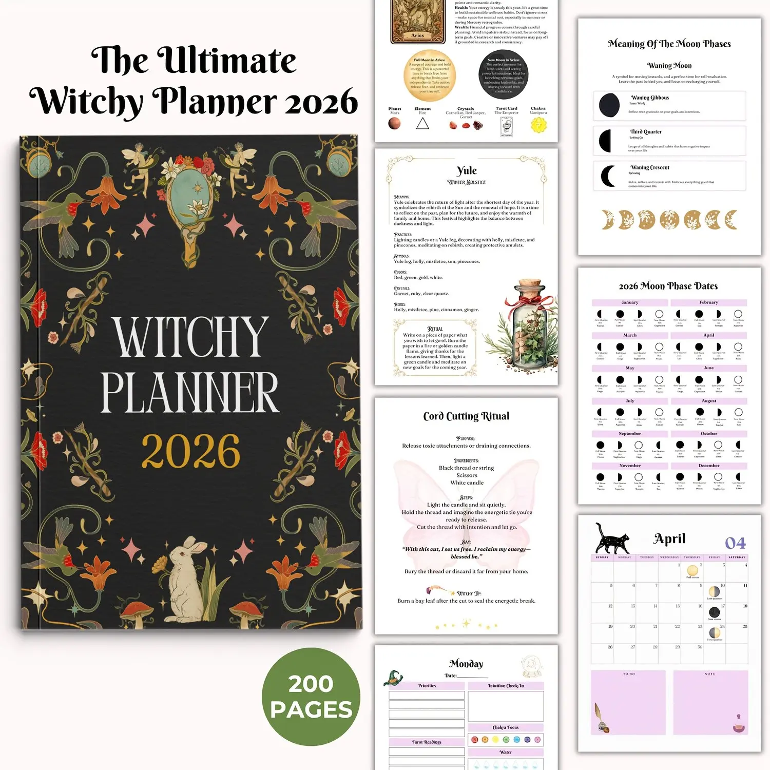 2026 Magic Spiral bound Planner Calendar with Moon Phases, Zodiac Layouts, Gothic Style Notebook, Ritual Reminders, Gratitude Journal, Goal Setting
