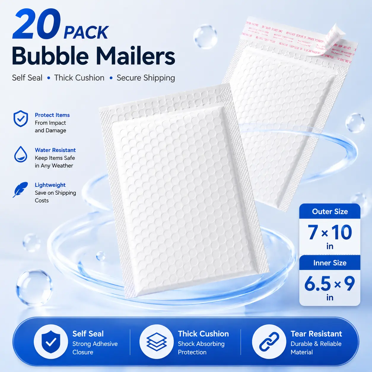White Bubble Mailers 20 Pack, 7x10 Inch Padded Envelopes with 6.5x9 Inch Usable Space, Self Adhesive Shipping Bags for Small Items